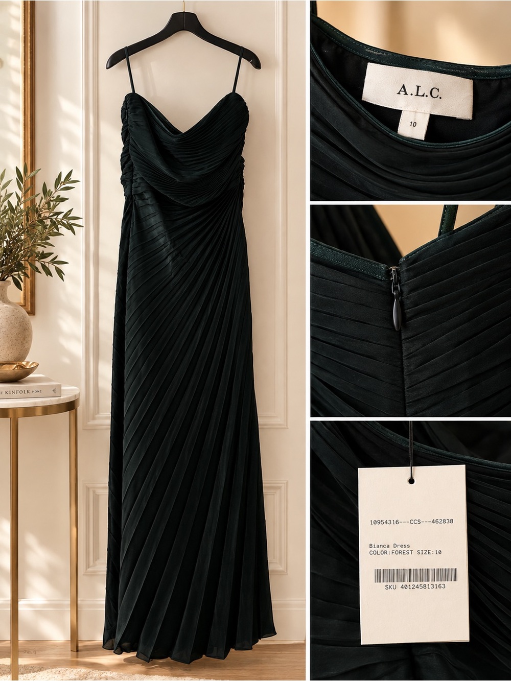 A.L.C. Bianca Pleated Forest Green Strapless Maxi Dress